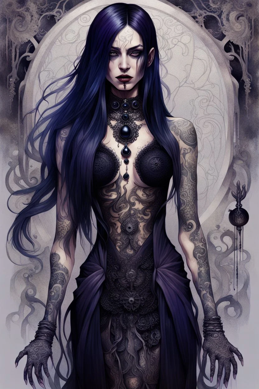 illustrration of a woman with dark purple-black long hair and black tattoos on her body, a cold, indifferent expression, silver and black onyx jewelry, black lace dress, cybernetics, crepy stunning anthropomorphic female, Minjae Lee vibe, cbybernetic and etheral human, ancient deity, by Vincent Lefevre and Yoshitaka Amano, stunning