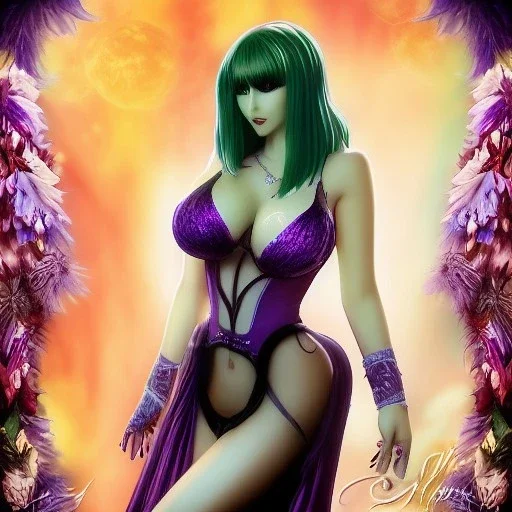 ultra detailed fullbody portrait of beautiful busty Morrigan Aensland, wearing skintight purple costume, extremely detailed digital painting, intrincate, extremely detailed smiling face,crystal clear Big Green eyes, in the style of gabrielle del otto , mystical colors , perfectly centered image, perfect composition, rim light, beautiful lighting,8k, stunning scene, raytracing