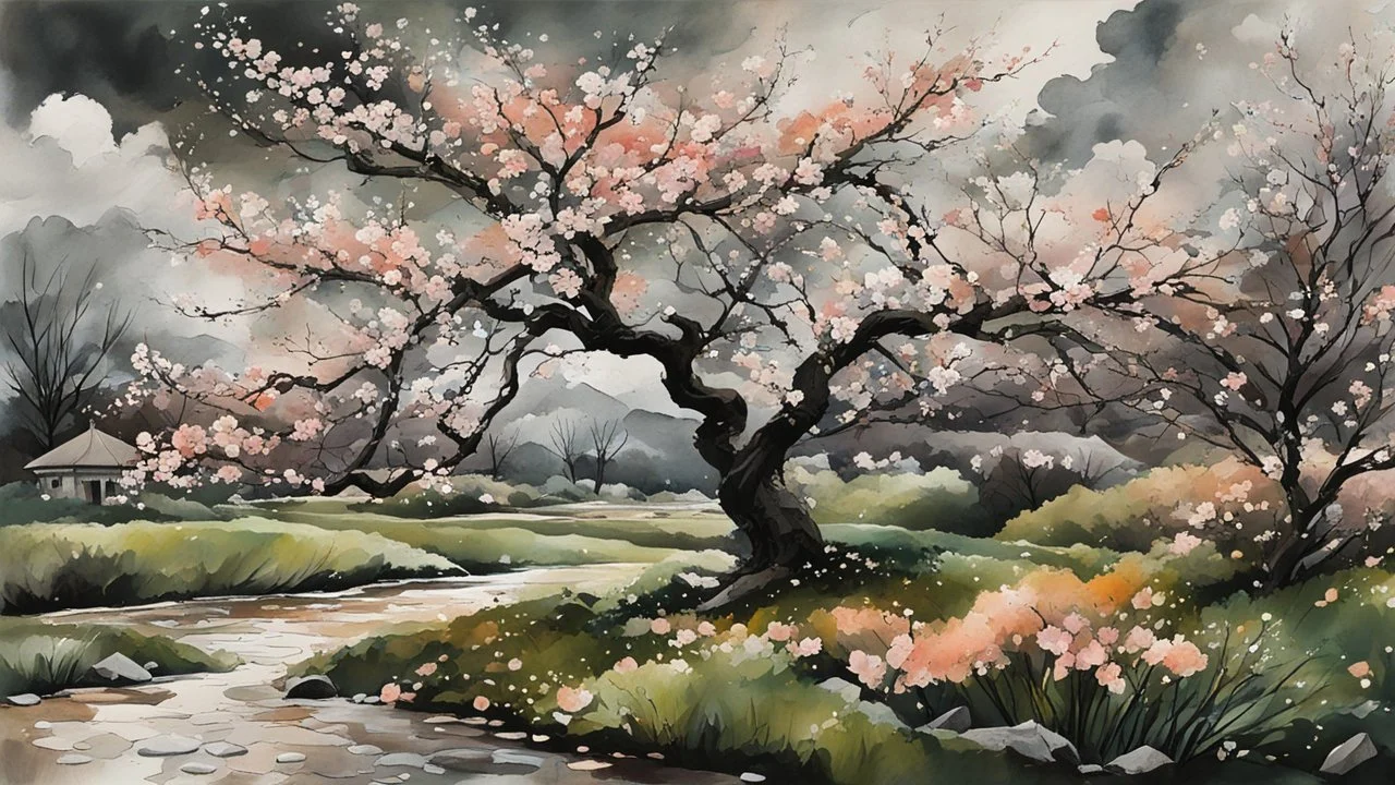 early spring, a Central European garden before imminent storm, strong wind, a peach tree blossom (petals blown in the wind:1.6), intricate detailed acrylic and watercolor and ink, (tint leaks:1.6), dark grey and green and peach blossom colors, harsh contrasts, (wind dynamics:1.6), petals swoosh