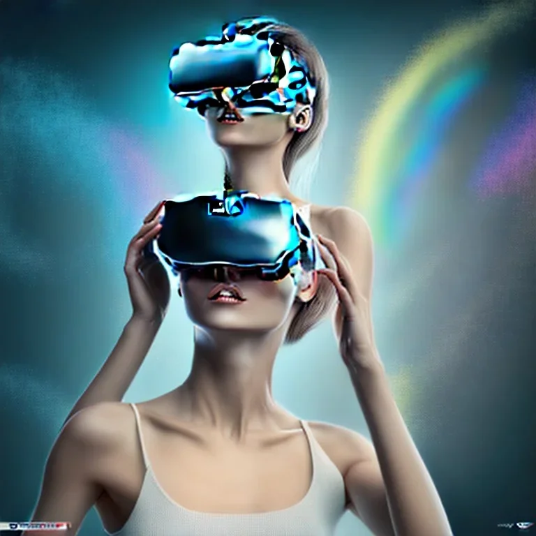 Woman with a VR headset running in futuristic Edimburgh on chrome water and rainbow sky on cinematic HDR 16K