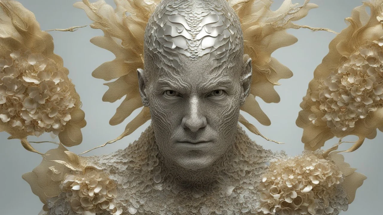 figure of a fish man with fish scale skin, art from Jasper Harvey's "art of control" collection, futuristic optics style, silver and gold, flower, bird, detailed facial features, swirling vortices, 8k 3d, bizarre cyborgs made of crystals, high detail, high resolution, 8K