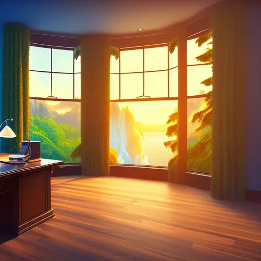 desk, parquet, sheet of paper, little pen, in front of one huge bay window with large view on a waterfall with warm light, sunset ,pixar style, panorama, nature, globe, HD