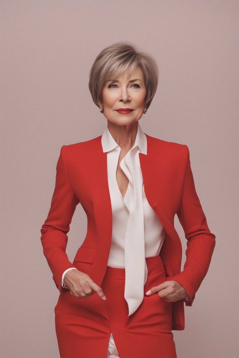 A powerful woman in a red suit, short hair in her 50s