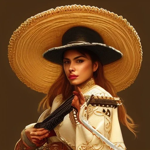 portrait,"Insanely detailed photograph of a mariachi warrior", intricate charo,large Sombrero,elegant, detailed D20 flair, digital painting, artstation, concept art, smooth, sharp focus, illustration, art by artgerm and greg rutkowski and alphonse mucha, 8 k