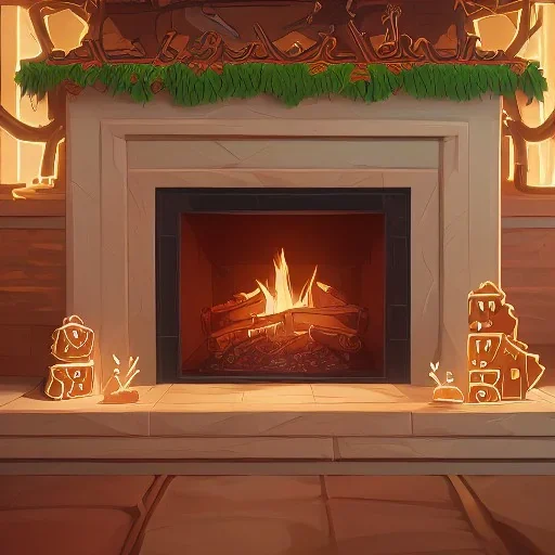 A fireplace made with gingerbread with logs made with gingerbread,digital illustration, hyperdetailed, cute, 16k, sharp, focus, intricate