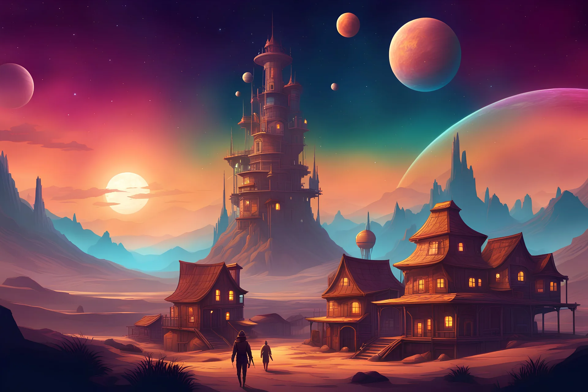 space western town with a large tower in a sci-fi world with planets in the sky psychedelic