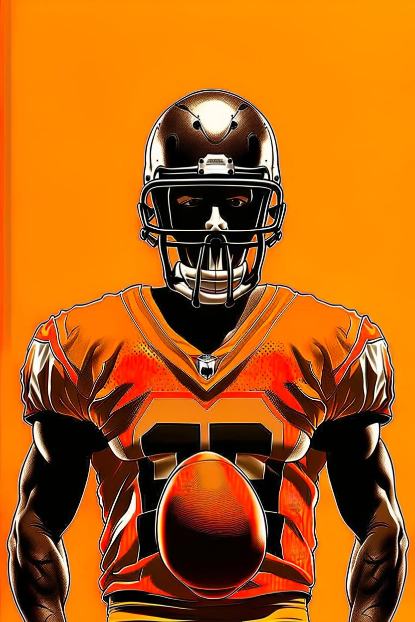 Silhouette of a football linebacker with a punisher skull on front of jersey instead of numbers, orange background, photorealistic