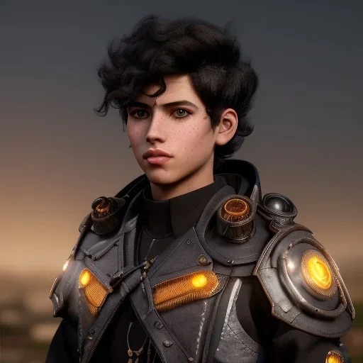 portrait of a teenager boy with curly black hair and amber eyes,steampunk style,8k quality,full body shot, masterpiece, best quality, , sparkling eyes, fluorescent skin, colorful makeup, highly detailed body,sun light, 4K, RAW, depth of field, high contrast, realistic details, 24mm