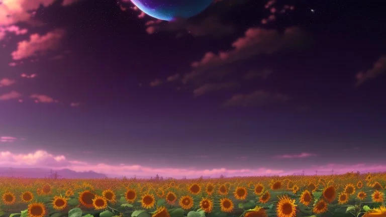 purple sky full of stars, sunflower field, anime, high res, makoto shinkai
