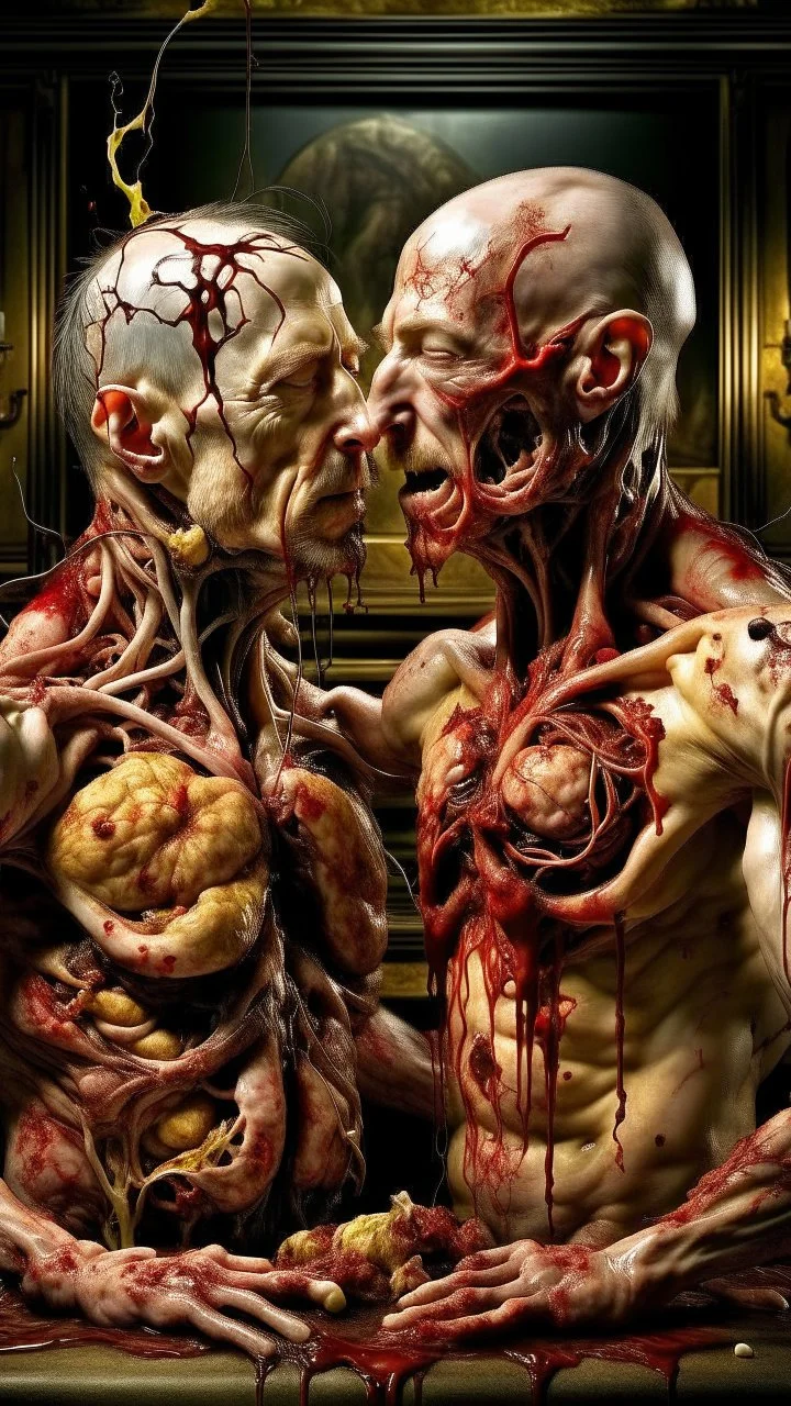 cinematic gore photorealistic fleshy photo of 2 conjoined mangled bodies making love, 1 visceral soul vortex, heads growing from within, complementary, anatomically fragmented, ripped apart again being flayed, skinned alive. A beating heart, muscles, blood vessels, bowels, entrails are exposed. anatomy. physiology. Bosch and Dali inspired hallucinations. mythology. grotesque.