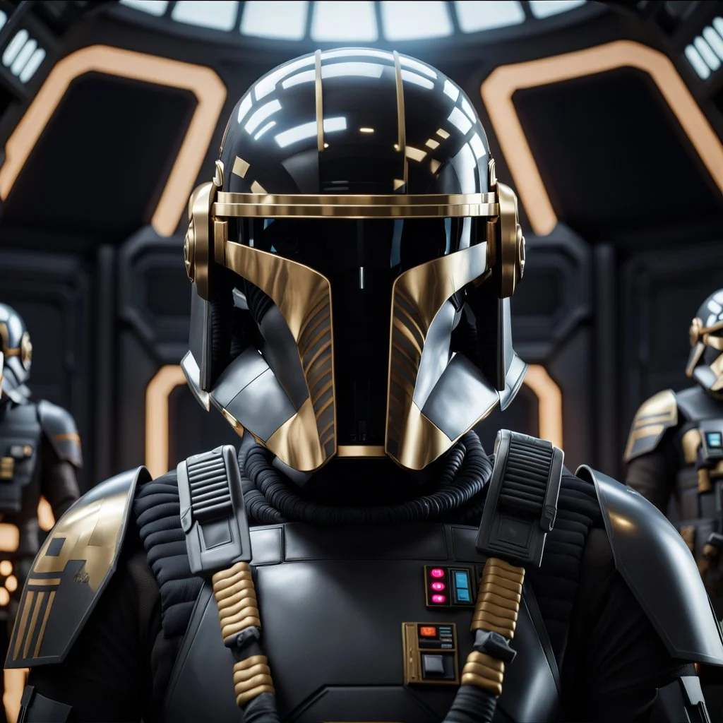 star wars bald male corellian pilot wearing dark gunmetal grey and black First Order special forces TIE pilot armored flightsuit and helmet with gold trim inside the jedi temple, centered head and shoulders portrait, hyperdetailed, dynamic lighting, hyperdetailed background, 8k resolution, volumetric lighting, light skin, fully symmetric details