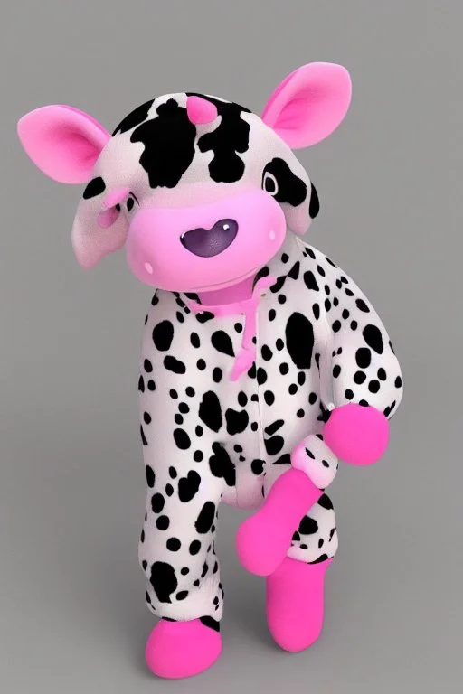 Portrait of A cute cow dressed in a onezy pajama outfit. The onezy has pink polka dots on and is thick and cozy. She has a flower in her hair. 3d