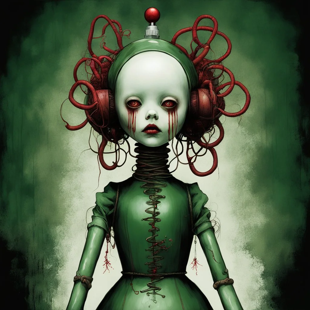 creepy Christmas themed porcelain doll with tubes connected to the back of its head from large vats filled with a greenish or reddish viscous liquids, color ink illustration, horror, surreal, gritty by Chris Friel and Dave McKean and Goru Fujita