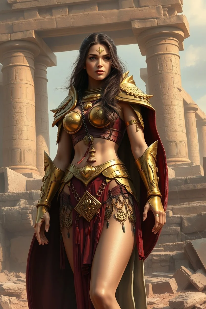 super beaty woman, good body, a lot big bubs, nice body, model style, milf, dress a small golden armour, asiatic, cape, rude mode, stay on ansient temple ruins.