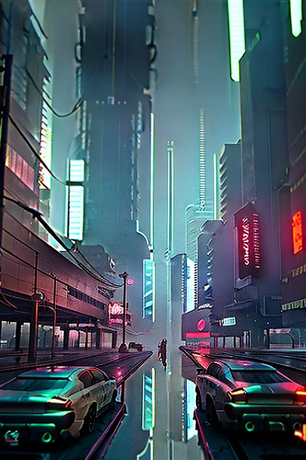 Cyberpunk district with giant foggy skyscarpers, cars, FoV: 100, HD, Unreal Engine 4, heavy rain, rainy streets reflection, neon signs, low contrast, grainy, less color, titanfall,