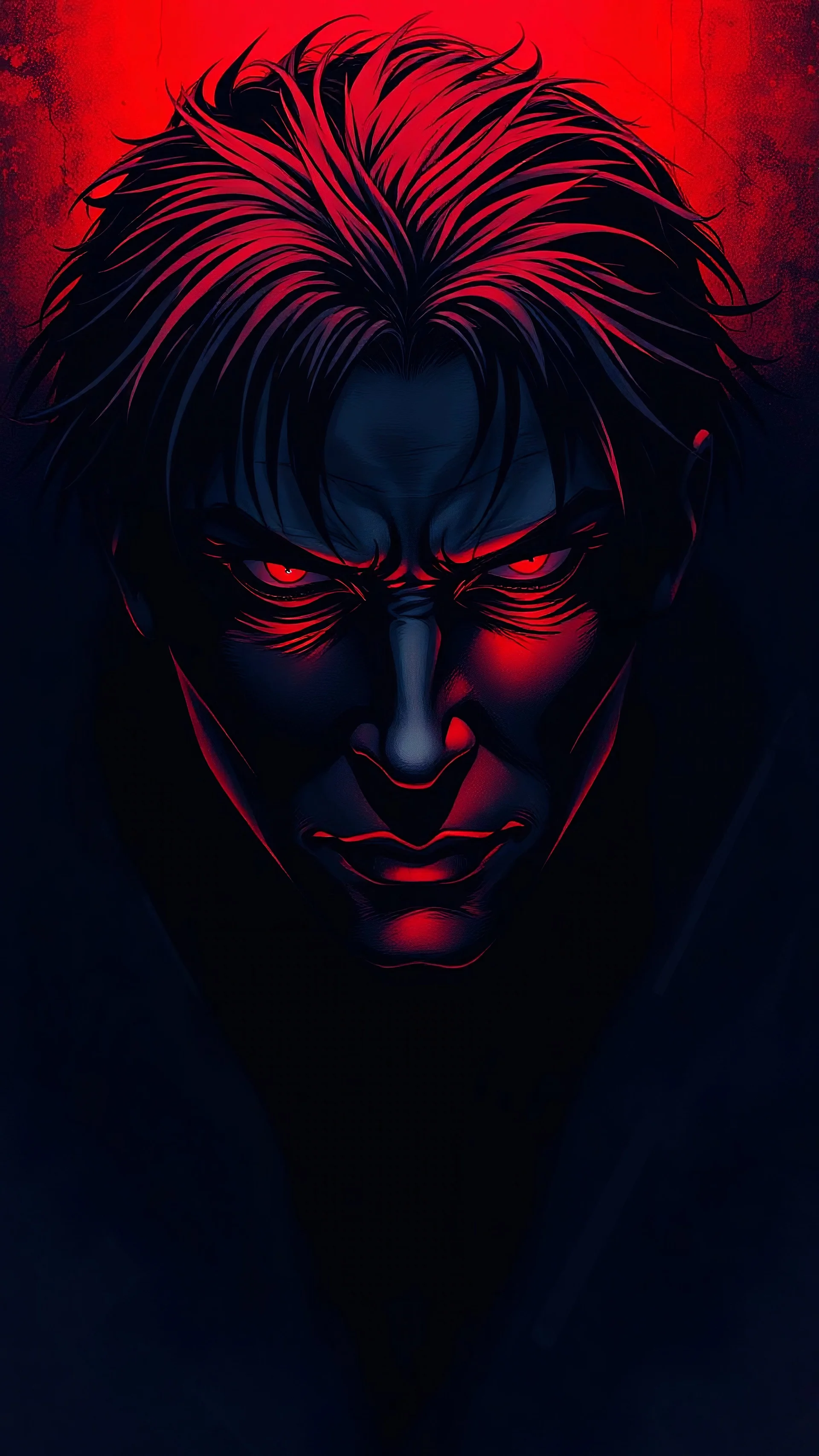 A striking portrait emerges from deep navy shadows, dramatically lit by intense red highlights that create a powerful sense of tension. Speed lines and sharp contrasts amplify the emotional impact, while precise lighting techniques cast mysterious shadows across the composition. Modern manga styling brings the scene to life with careful attention to dramatic details, creating an atmosphere thick with psychological suspense.