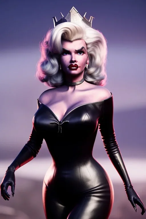 jayne mansfield as evil queen in black leather, angry, stern look, volumetric lighting, particales,highly detailed,cinematic, deep colours,8