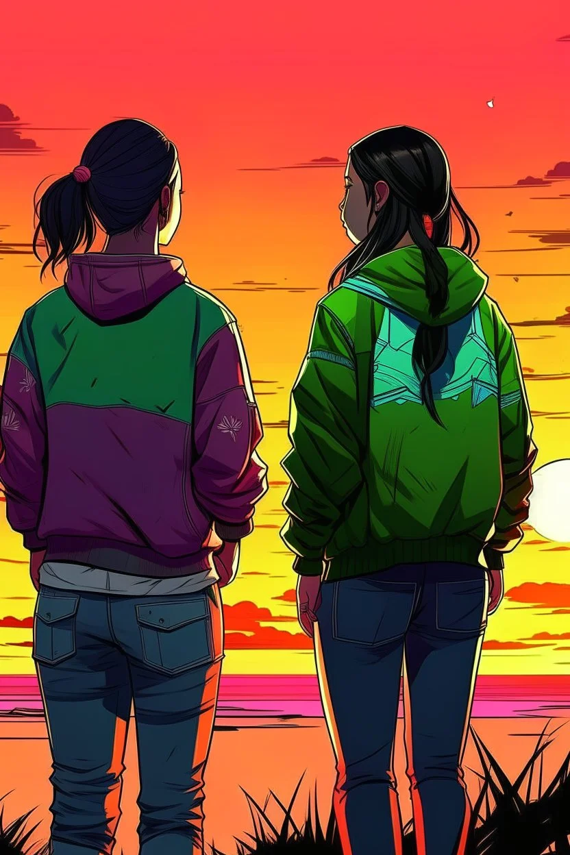 gün batımını izleyen 2 kız 2D biraz daha detaylı daha fazla detay ve 2d yüzleri hafif görünüyor yüzleri görünüyor farklı bir tarzda detaylı farklı ve detaylı kıyafetler kıyafetler düzgün olsun ve hava soğuk farklı bir tarz Farklı bir tarz ve neon farklı bir poz gta tarzı farklı poz ve farklı kızlar gta tarzı