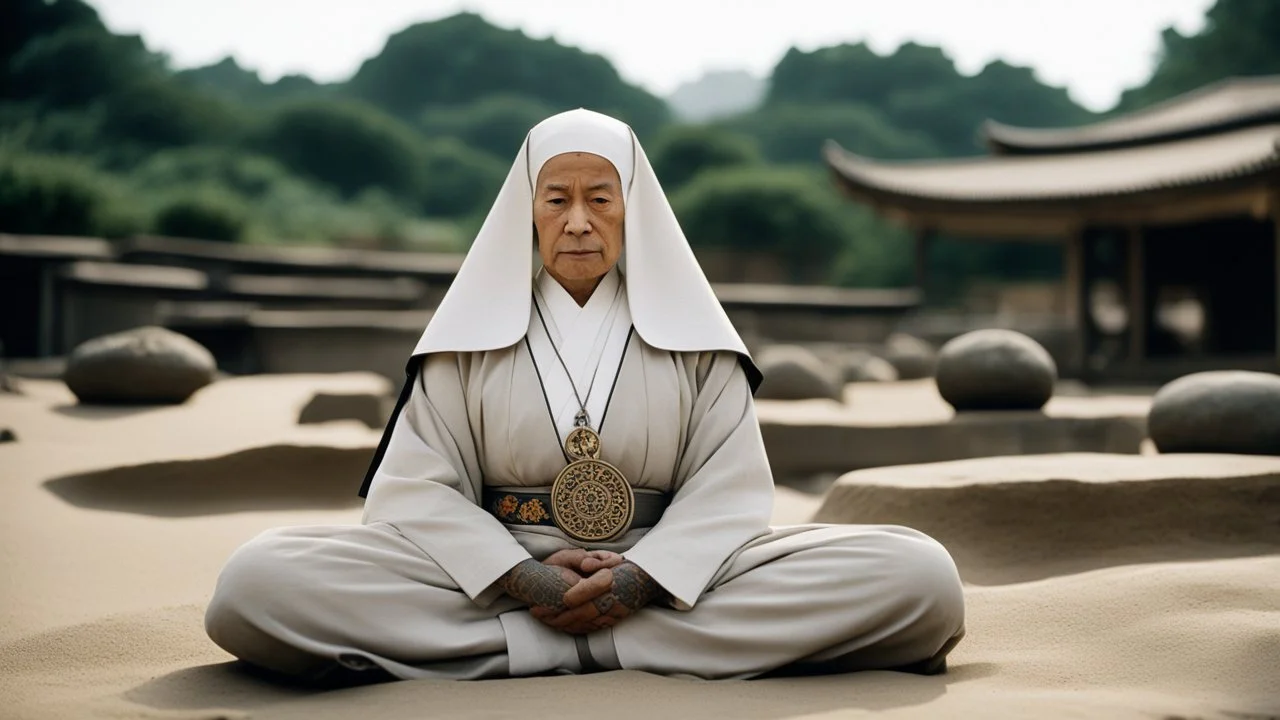 [very impressive high res masterpiece in Kodak Eastman 5247, bokeh scene by Stanley Kubrick] a gangsta nun covered by tattoos, a mysterious figure who defies convention, meditating in the lotus position on a rock outside. The serene setting of a zen garden surrounds her, the sand meticulously raked in intricate patterns, creating a sense of calm and balance in the midst of chaos.