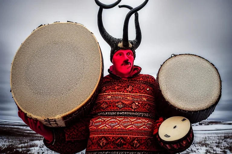 Portrait of a Northern Native Sage. Indigenous, Kekripukki, carries drum made of birch-park, Scary Horns grow from his shoulders, The Egyptian, Traditional Costume is white with red ornaments and patterns. African style colorful faces, Arctic Hills, Strange trees, Haunting Atmosphere, North-Carelia, Karelia, Karjala, Karjalainen, traditional Carelian costumes, dripping black tears on cheek, Kaamos