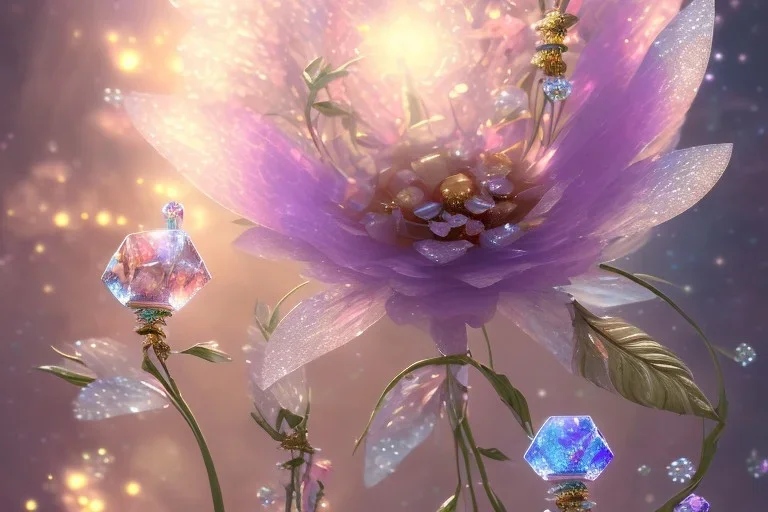 one big crystal subtle flower in a galactic ambiance with a very little beautiful fairy, transparent petals, delicate colors, in the foreground, full of details, smooth, bright sunshine，soft light atmosphere, light effect，vaporwave colorful, concept art, smooth, extremely sharp detail, finely tuned detail, ultra high definition, 8 k, unreal engine 5, ultra sharp focus