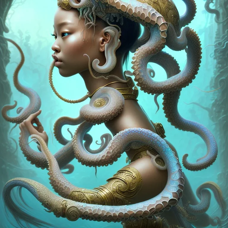 Sango fantasy, fantasy magic, intricate, sharp focus, illustration, highly detailed, digital painting, concept art, matte, art germ and Paul Lewin and Kehinde Wiley, masterpiece Japanese dancer head bronze octopus' Asian African girl nice breast Thai hair turquoise silver blue under water