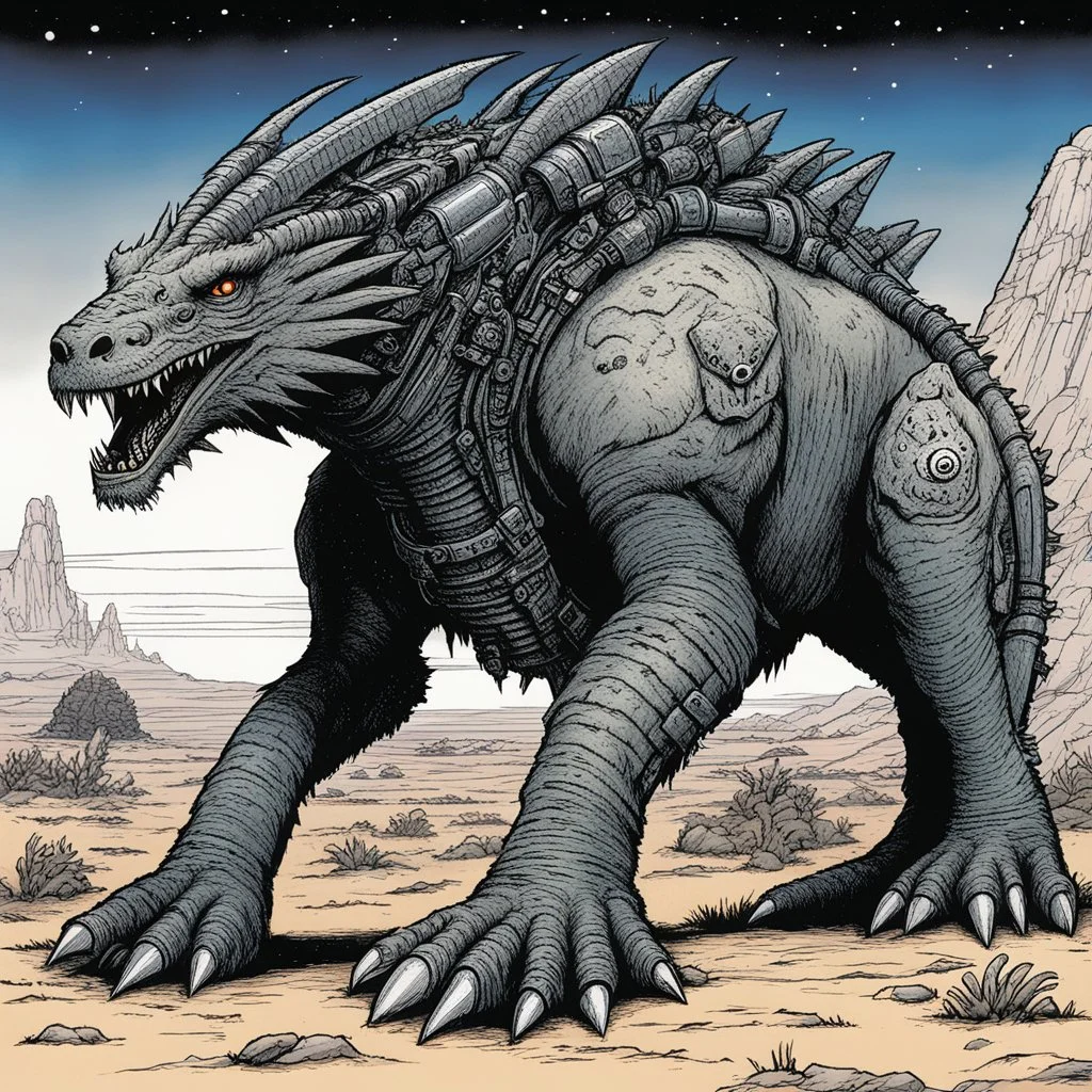 [illustration by Kevin Eastman and Peter Laird]a large omnivorous game animal that lives on a alien planet