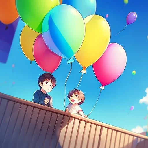 alone young anime child letting go of a balloon, looking up into the sky at the balloon