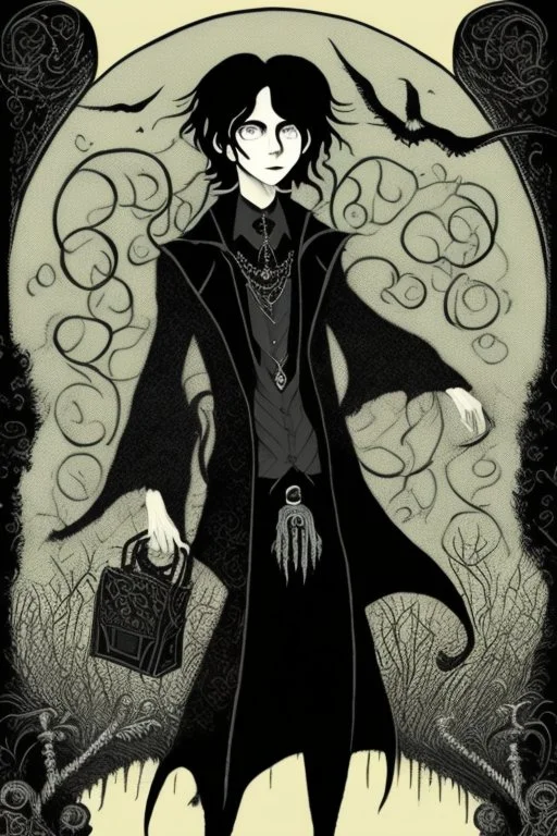 black haired young man necromancer wizard with gothic jewelry in the style edward gorey