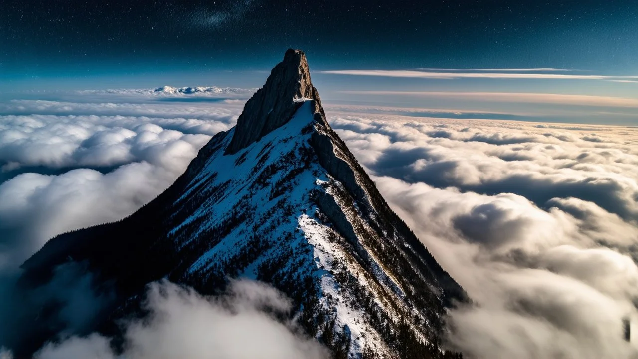 Aerial view from above of a single sharp, rocky mountain peak with snow patches, piercing through a dense, swirling foreground layer of white clouds, dark night sky with visible Milky Way, high contrast, cinematic lighting, photorealistic, 8k resolution, sharp focus