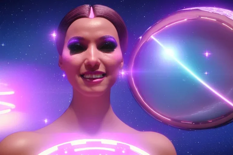  beautiful cosmic woman, nice smiling, magic glamour make up, delicate colors, beautiful glamour galactique dress, ultra sharp focus, 8k, unreal engine 5, extremely sharp detail, light effect, soft light atmosphere of a spaceship, smooth, full of details, face in front, complete face and hair and body