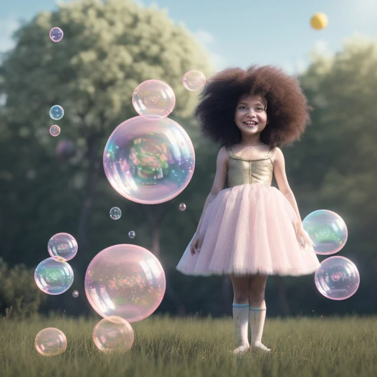 Ultra realistic circus scene. Sweet big hair monster. Child’s playing, smile, happy, color bubbles, smooth color, waist up view, Wes Anderson style, dark ambient, highly detailed, concept art, unreal engine 5, god rays, ray tracing, RTX, lumen lighting, ultra detail, volumetric lighting, 3d, finely drawn, high definition, high resolution.