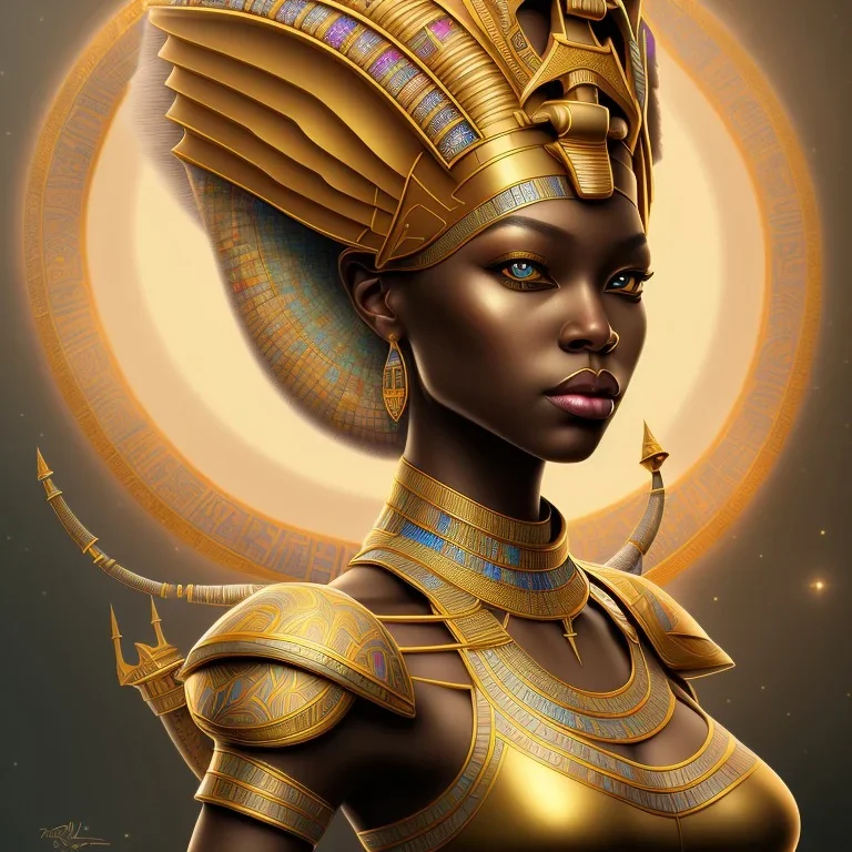 sango fantasy, fantasy magic, intricate, sharp focus, illustration, highly detailed, digital painting, concept art, matte, masterpiece head sexy view black African beauty black afro hair earth lady gold falcon head Egyptian princess pyramid sphinx background