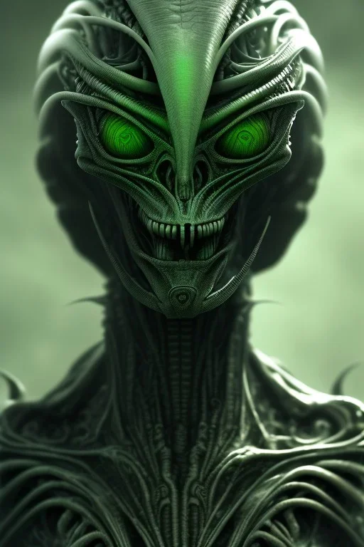 alien, head, evil,green eyes, weapons, blood, 8k, finely detailed, photo realistic, HR Giger style