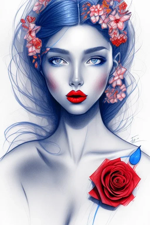 blue Pencil sketch of a girl with red lips and flower in hair on watercolor paper