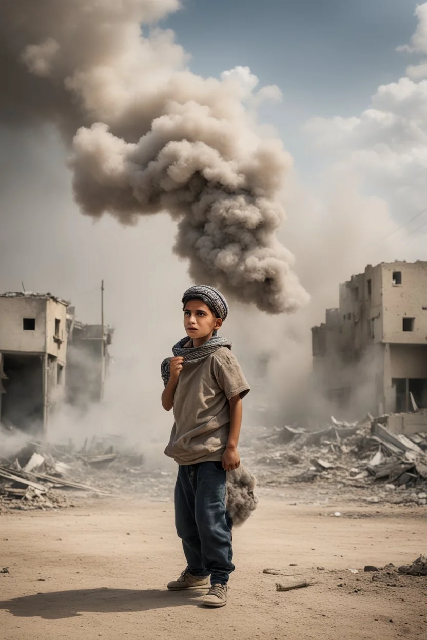 young palestinian boy with a kuffeah. Large clouds of smoke rise from the land of gaza . With demolished buildings in the background. Made in the palestinian style