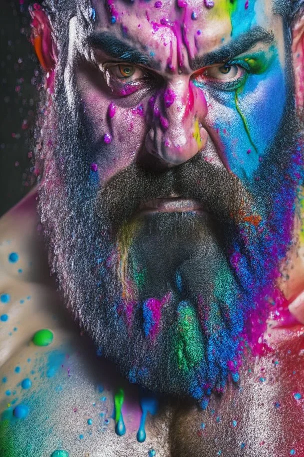 full body shot photography of an angry turkish burly bearded man 44 years old angry eyes , crossed arms, sweat wet muscular beefy, swimwear, face with big drops of multicoloured paint, curly beard, big drops dripping, big ripples of multicoloured paint, big drops on the face, eye-to-eye, dripping multicolored paint, bullneck, long curly hair dripping, photorealistic, strong top light, ambient occlusion , view from the ground