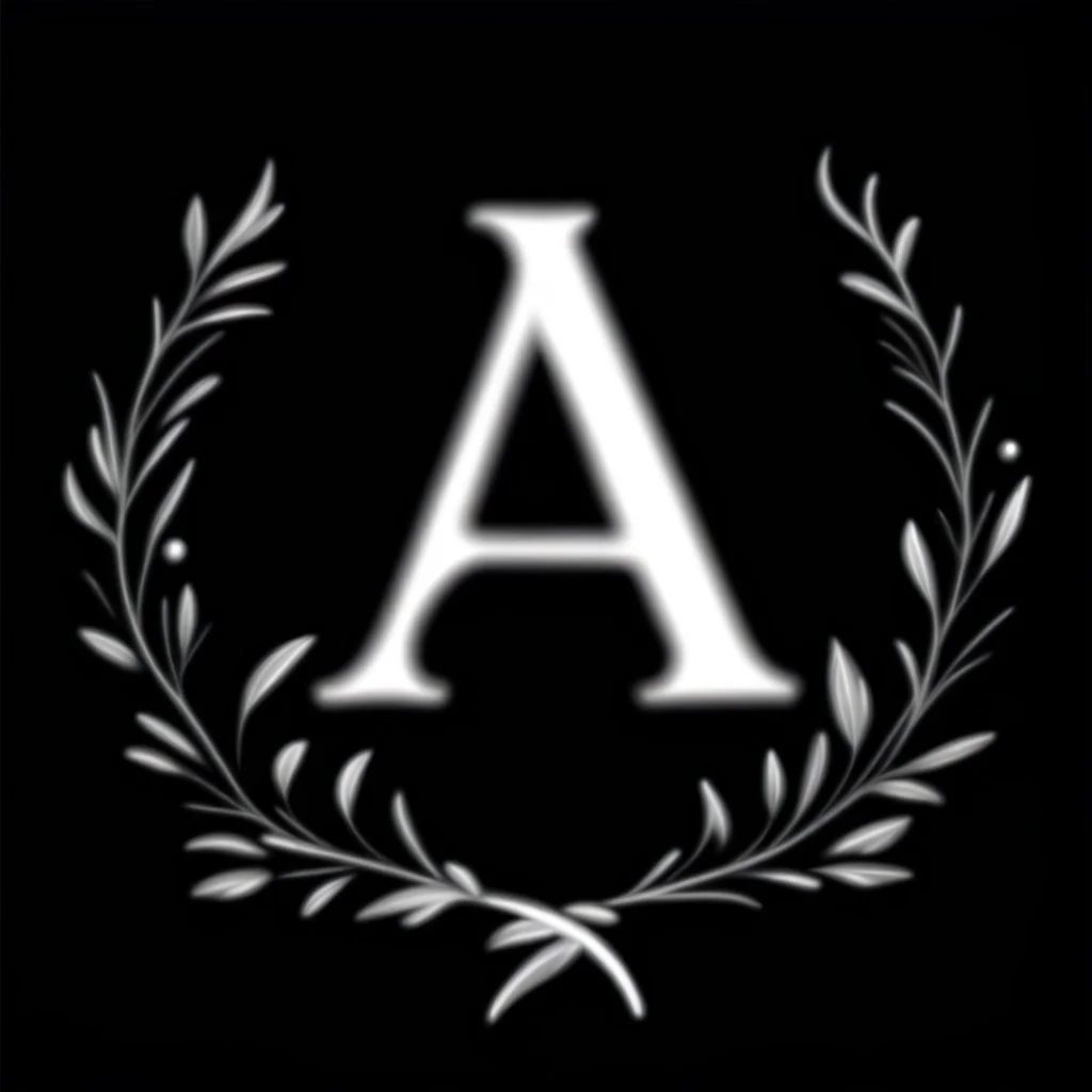 2 branches(crossed at bottom, arching upward in a wreath, delicate hand drawn outline linework, romantic), Letter A in Middle or wreath, sharp image, white vector on black background