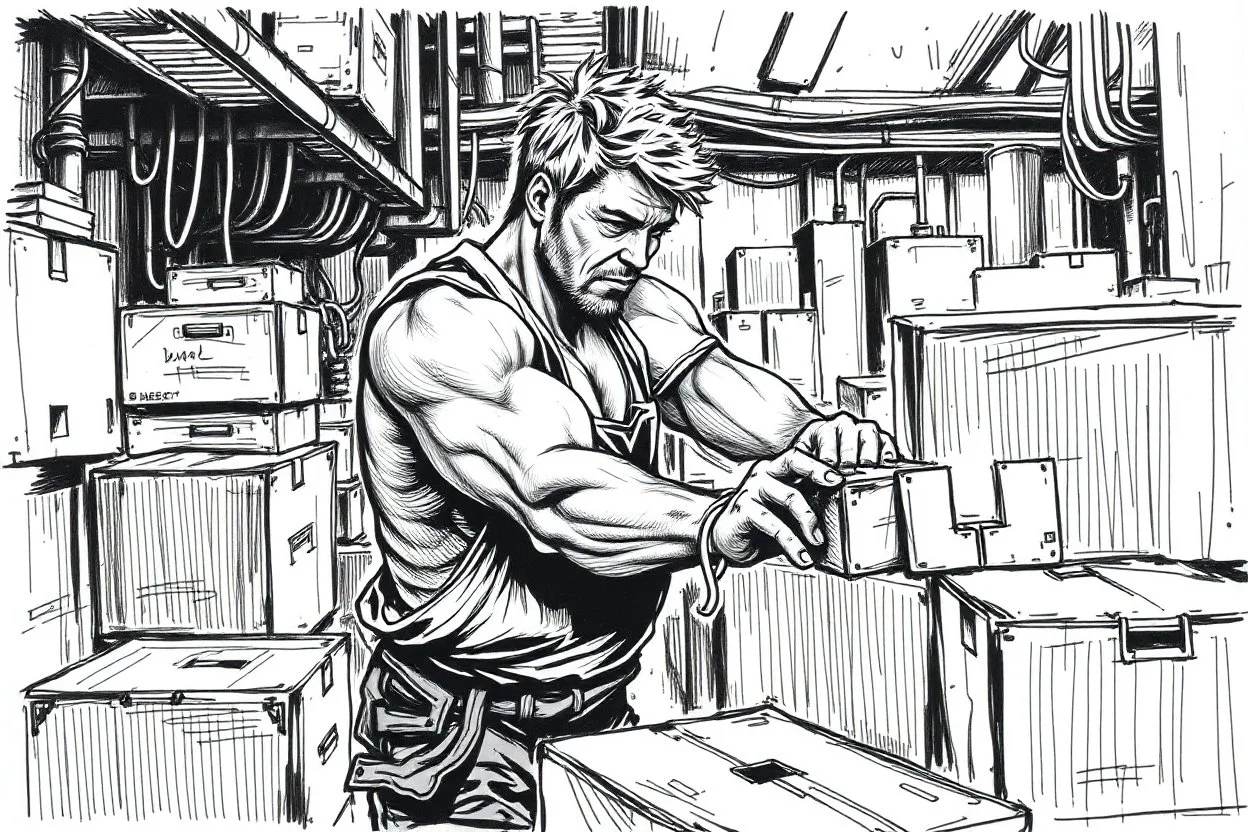a working man (light swedish hair) pushing objects in a factory, sweating really hard, muscles are exploding, the man have worked through years of day and night never ending, black and white fast marker sketch painting rough style, he pushing with raw power boxes and ibc, baxers