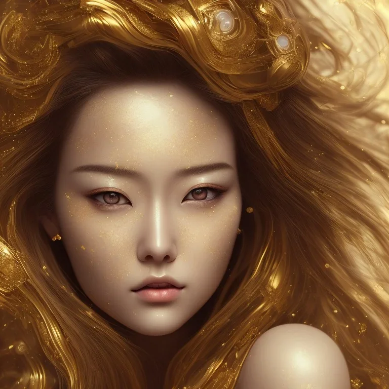 a wonderfull japanese woman, curves, robotic, golden long hair, hair covering one eye, ultradetailed fine art photo of a indian, weet face portrait, snow flakes particles, 8 mm lens, golden ratio composition, detailed face, studio photography, very detailed,masterpiece, artstation, 8 k, highly coherent