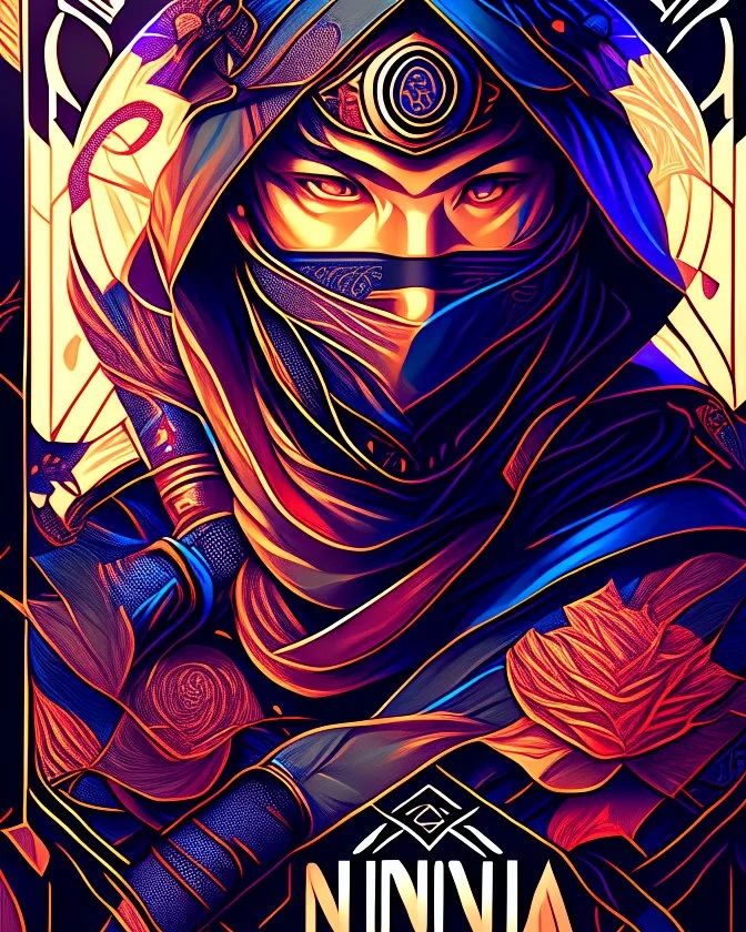 Ninja warrior centered | symmetrical | key visual | intricate | highly detailed | iconic | precise lineart | vibrant | comprehensive cinematic | alphonse mucha style illustration | very high resolution | sharp focus | poster | no watermarks full body