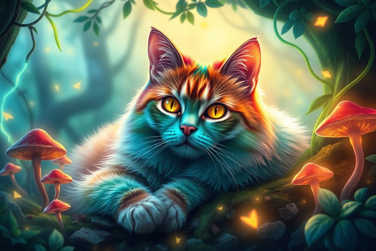 A rainbow-colored cat with golden and teal eyes resting in a magical forest, surrounded by glowing mushrooms, neon vines, and fragmented light. The background is dreamy and surreal. --v 7 --style raw --ar 4:5 --q 2
