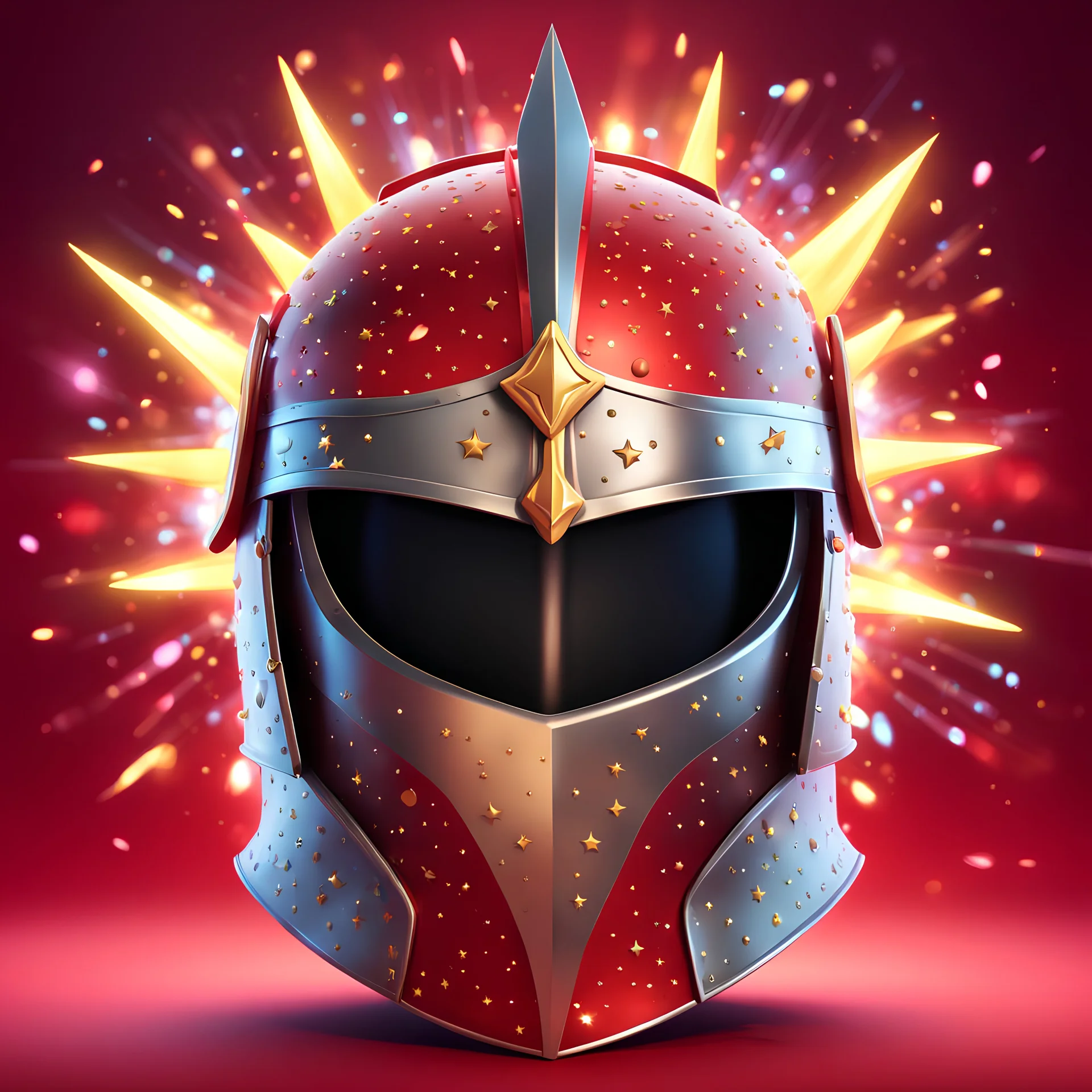 a cartoon 3d vector image of a knight's helmet on a red background, cropped very closely. 3D vector cartoon asset, mobile game cartoon stylized, clean. Camera: front angle, 90°, 35 mm. Lighting: beams, sparkles and bloom, LED lights. cartoon style