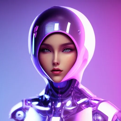 Cute girl in a robotic hijab suit,purple and pink backlight, orange lighting, profile