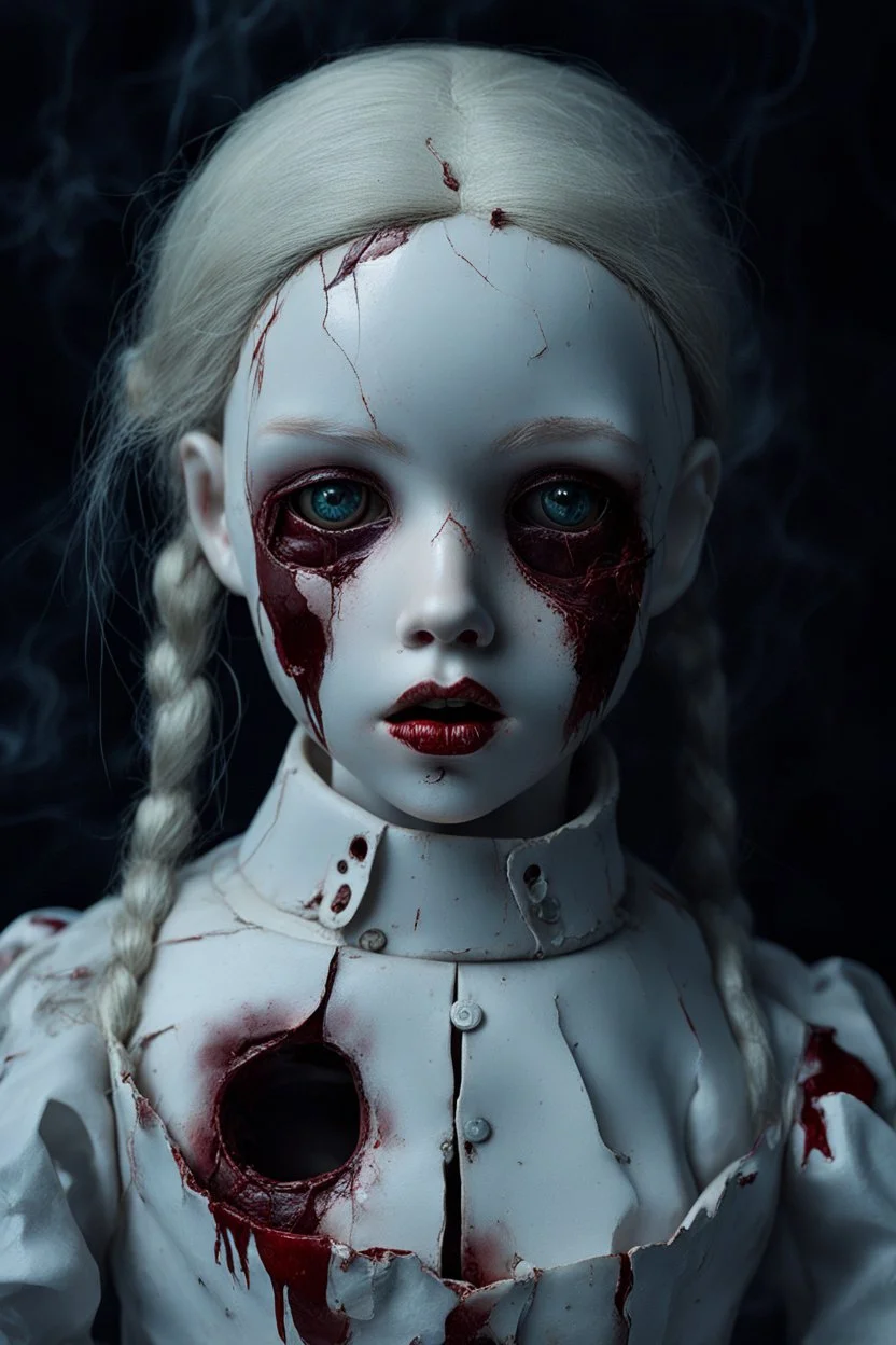 A hauntingly beautiful porcelain doll with small storms for eyes. Her skin is pale and cracked like porcelain. Her hair is red like wine with fire coming out. Her lips are sewn together except for one corner that is ripped and bleeding.