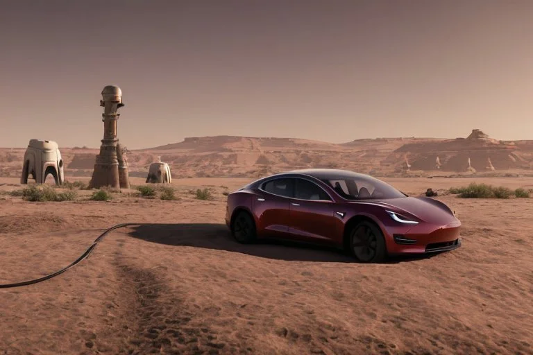 A Tesla 'Model Y' is parked, in Mos Eisley on the planet Tatooine. (CINEMATIC, WIDE ANGLE LENS, PHOTO REAL)