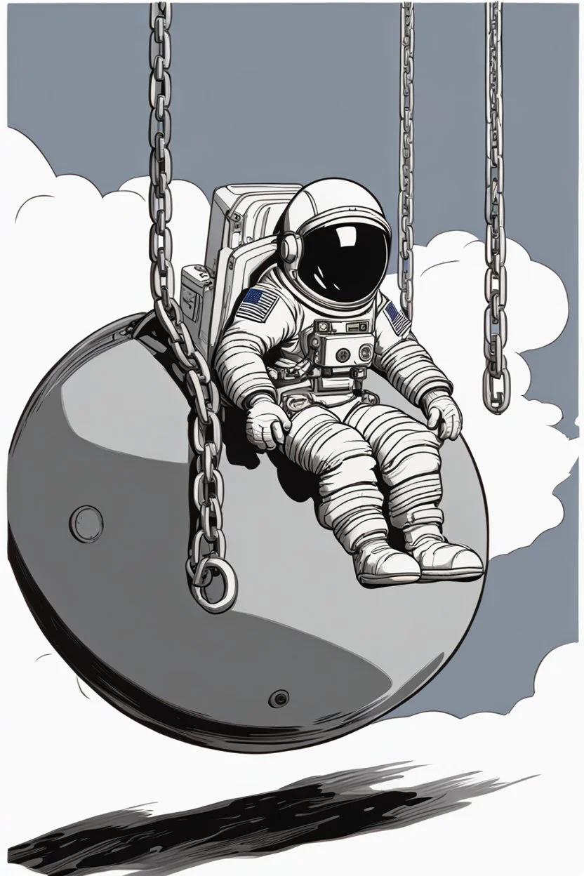 close side view of An astronaut sitting on a large steel ball.floating in the air, wide legs, holding on to the chain