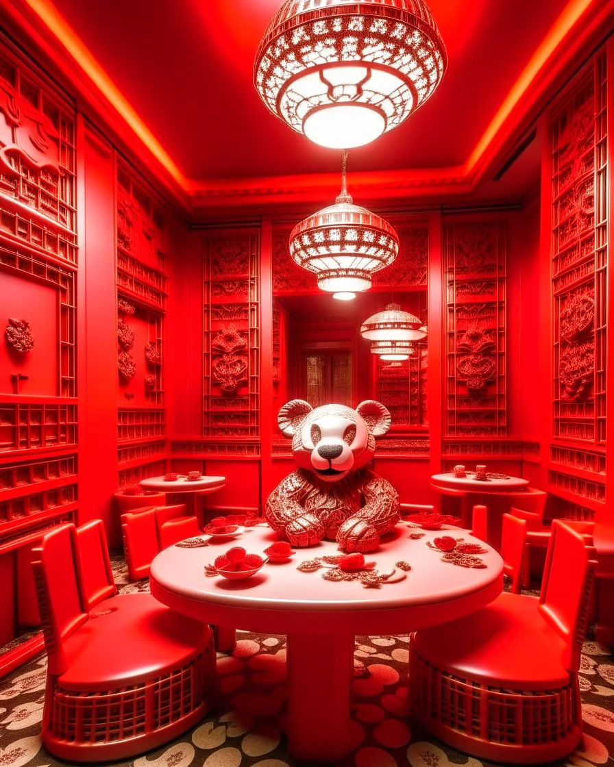 A panda restaurant made out of red Chinese paper arts