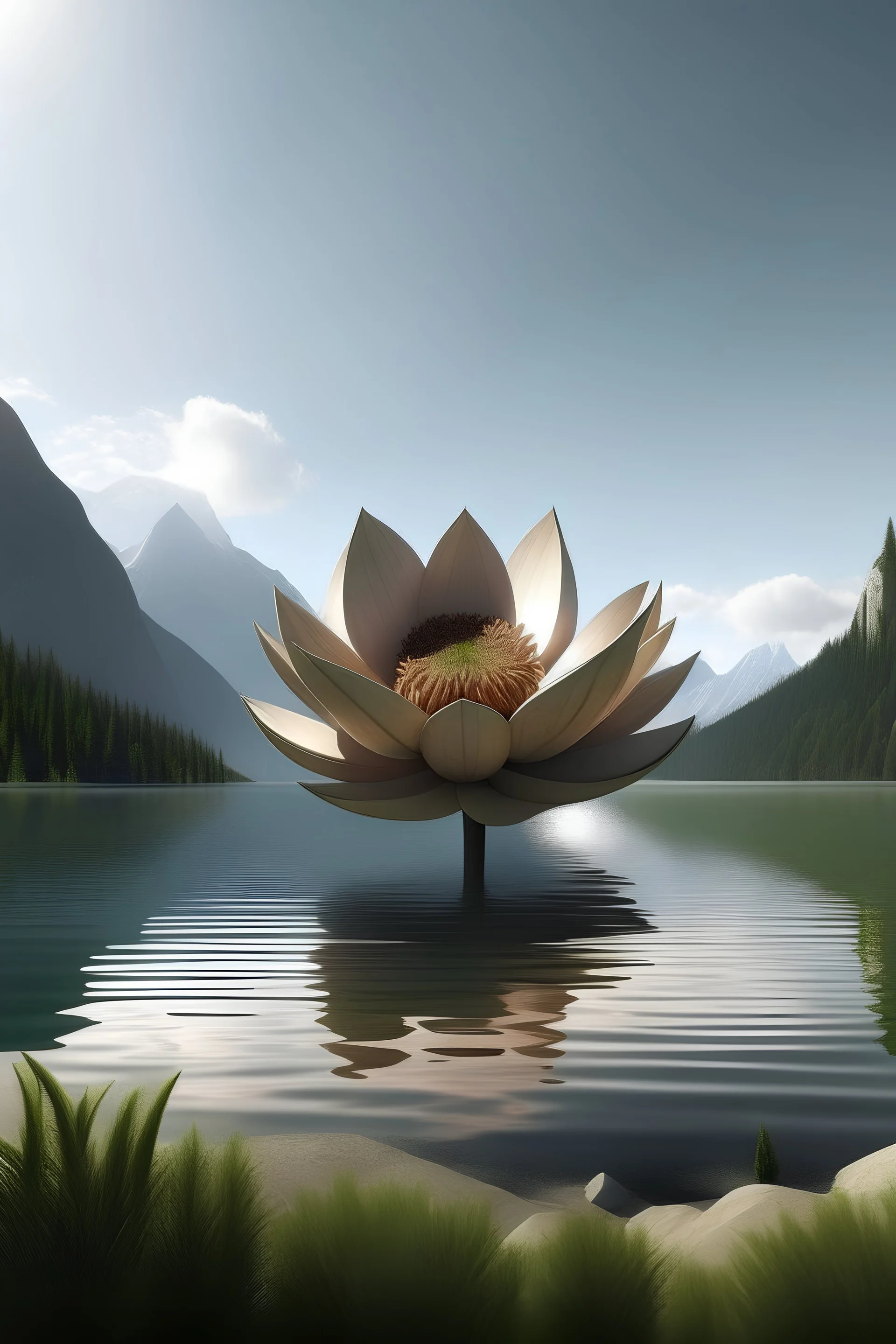 rendering of a large flower growing in front of a lake with mountains behind it