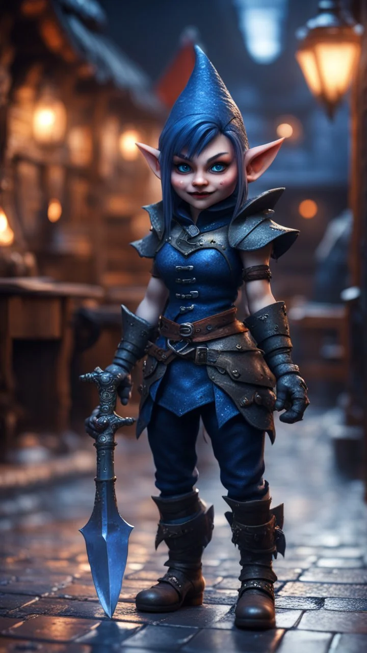 full figure with metallic stone gauntlets holding dark blue jagged dagger, standing on wet tiled floor outside fantasy tavern, focused female Danish vampire gnome from worms armageddon wearing makeup, bokeh like f/0.8, tilt-shift lens 8k, high detail, smooth render, down-light, unreal engine, prize winning